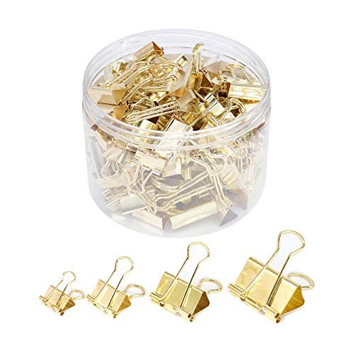 Binder Clip Paper Clamps, Assorted Sizes (Mini, Small, Medium, Large), 100 Gold