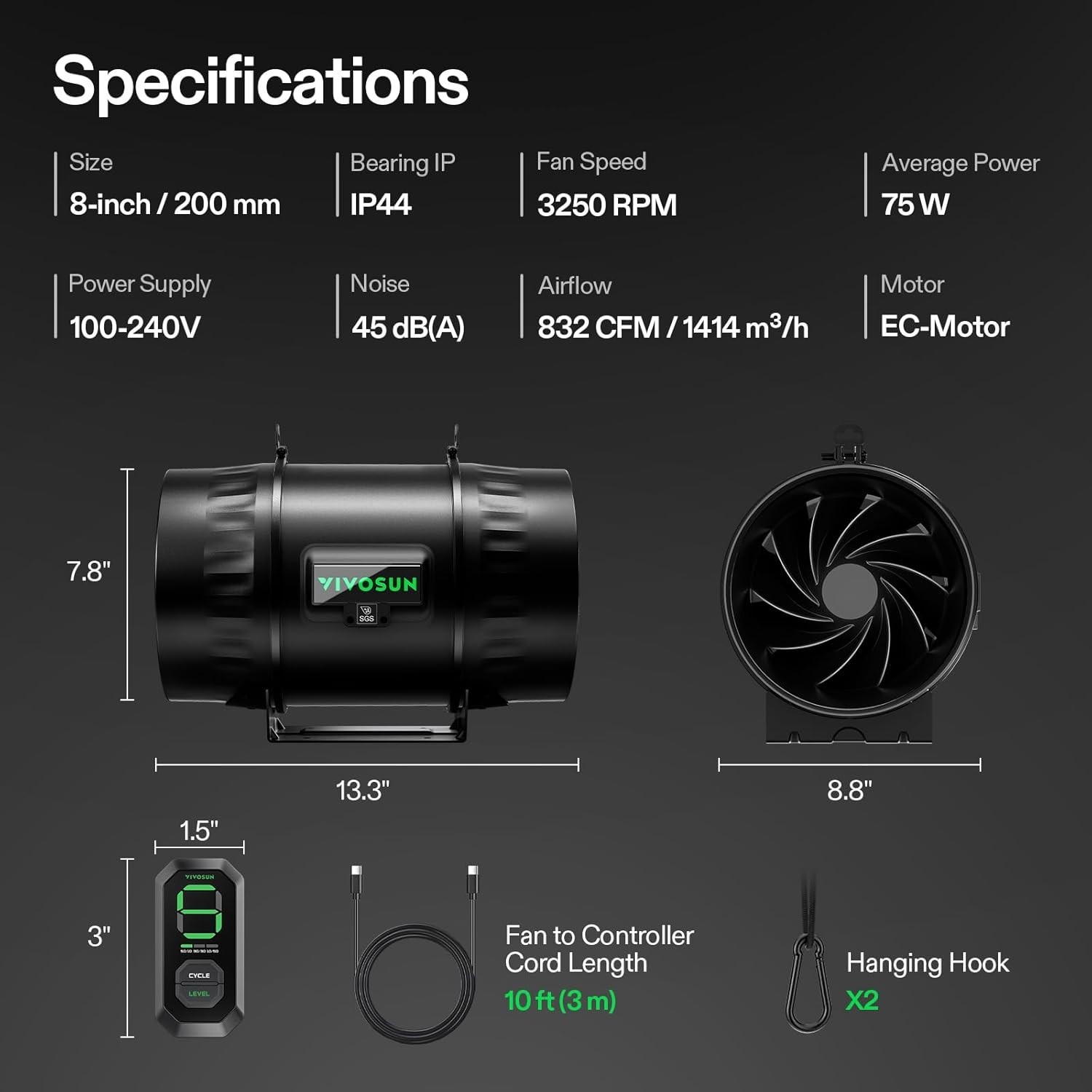VIVOSUN T8 8" Inline Duct Fan & 3 Cycle Modes E12 Speed Controller, CFM EC Motor