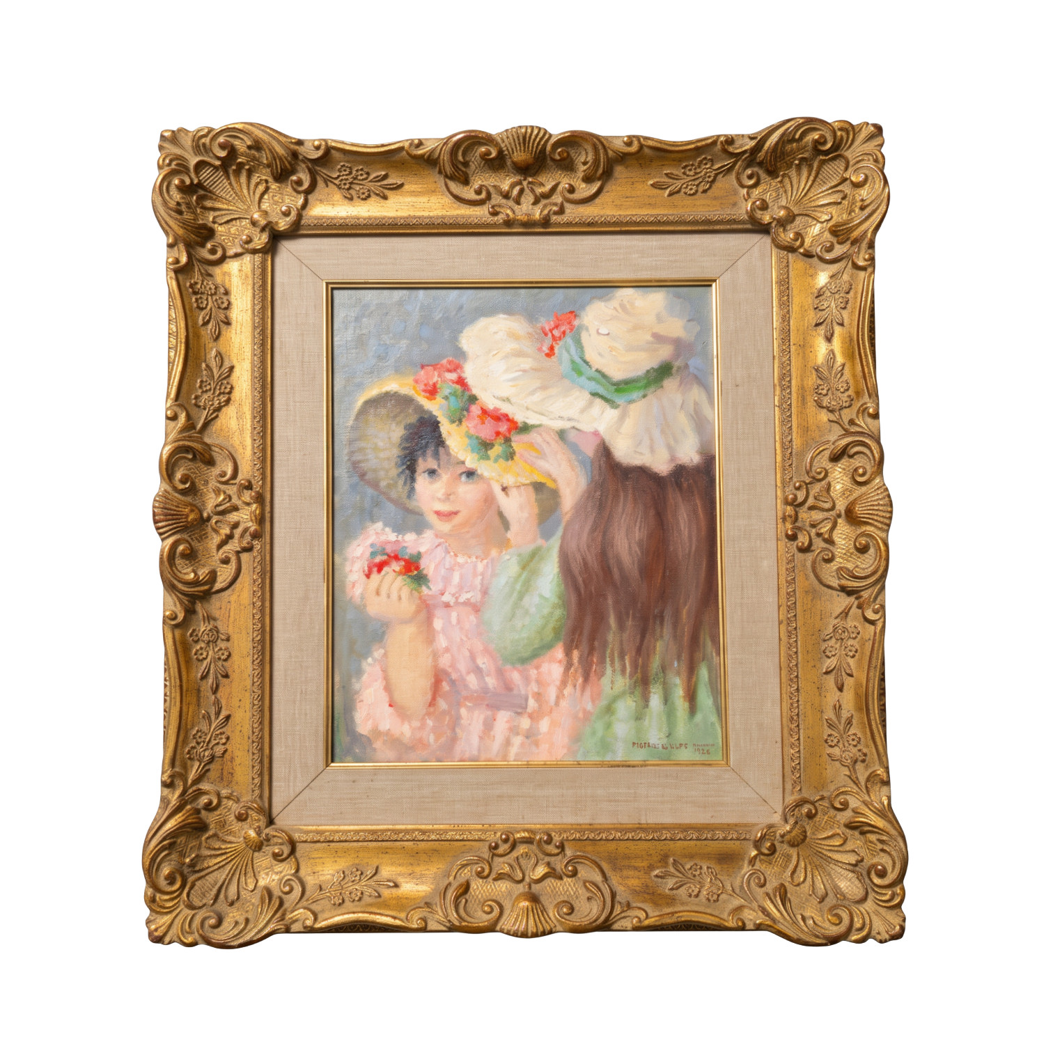 Florine Jacob Oil on Canvas Impressionist Painting  Girl and Young Women