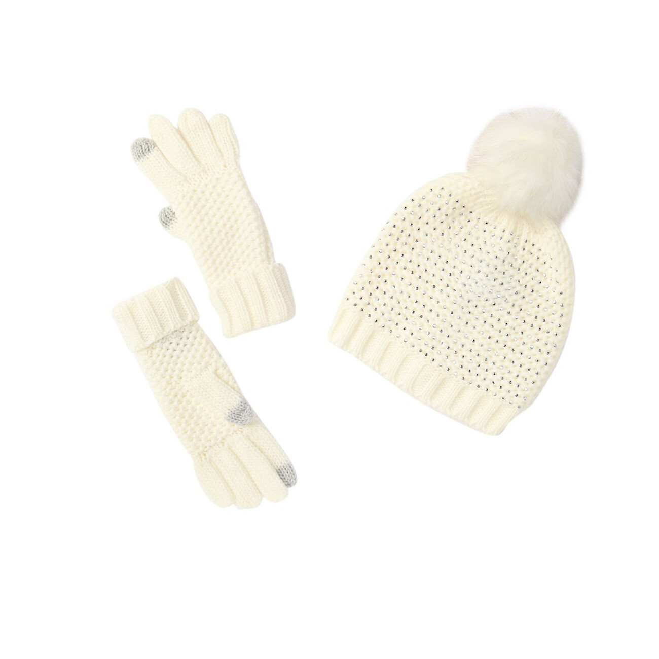 NWT STEVE MADDEN Studded Faux Fur pompom Knit Hat and Gloves Set cream beanie