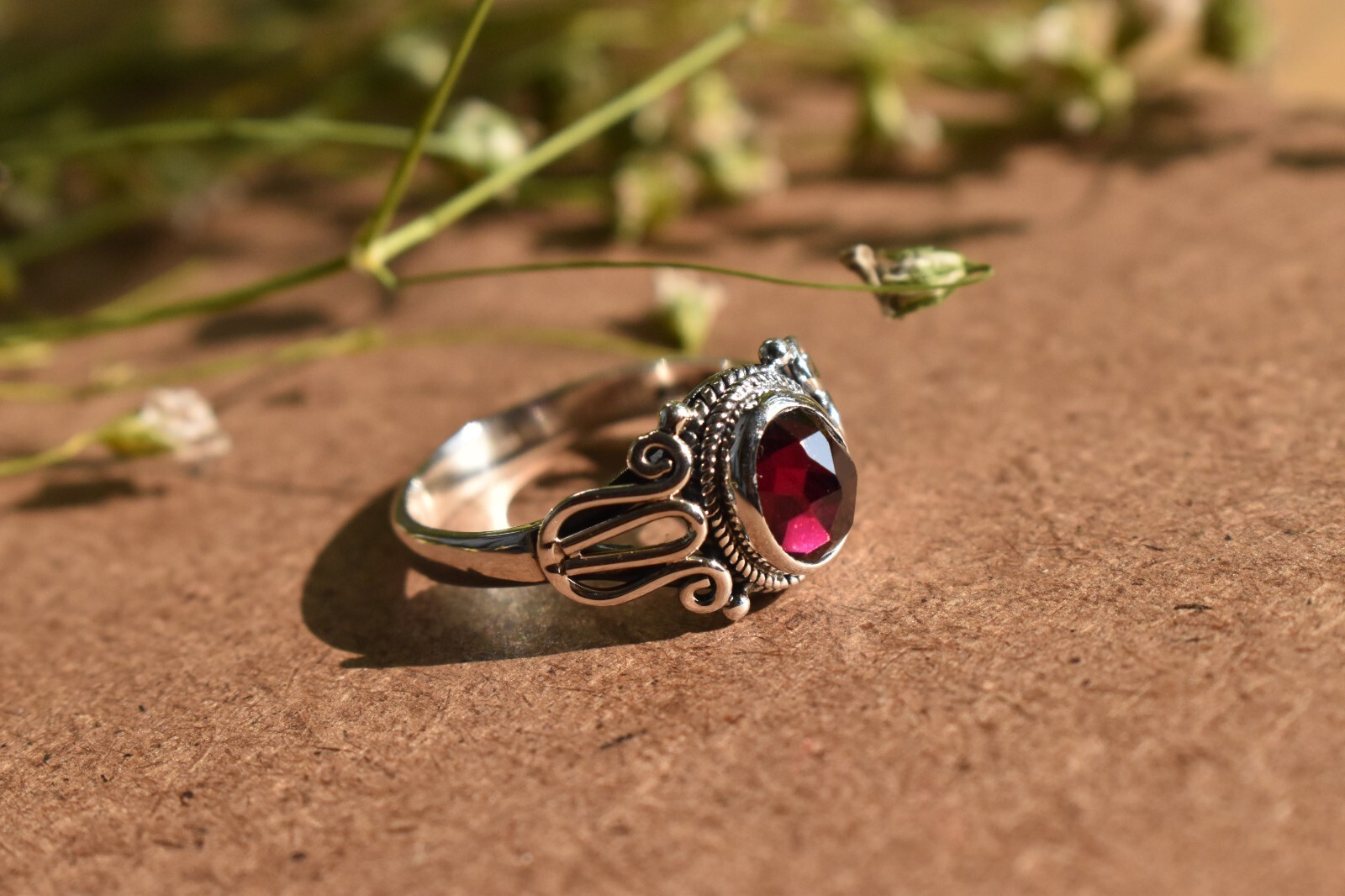 Red Garnet Handmade Ring 925 Sterling Silver Boho Design