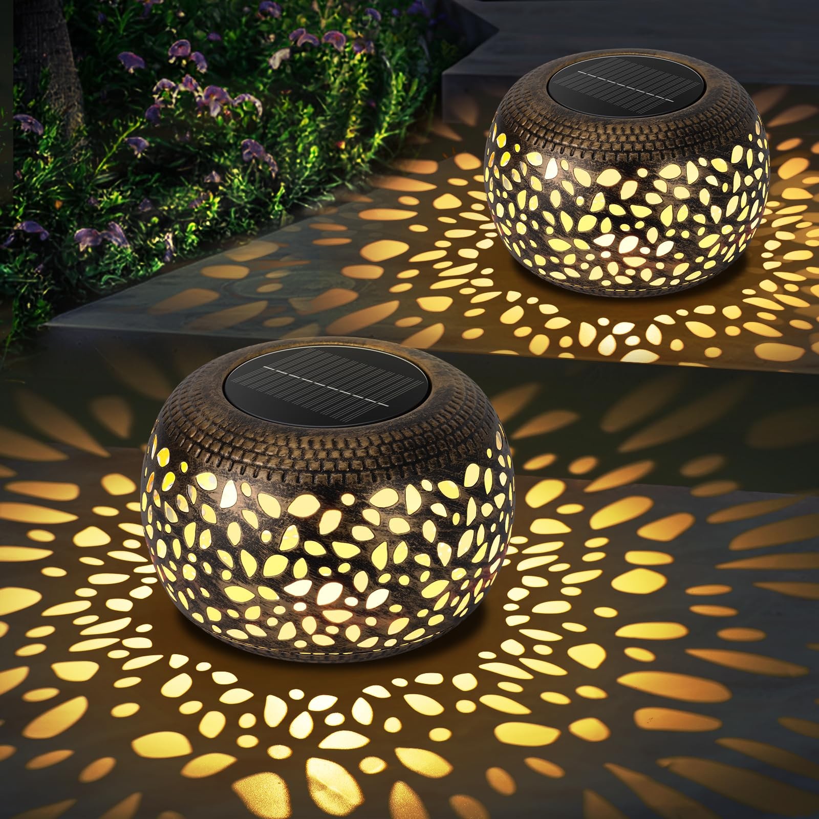 Solar Lanterns 2 Pack Retro Metal Outdoor Decor Lantern Waterproof Hollow Lights