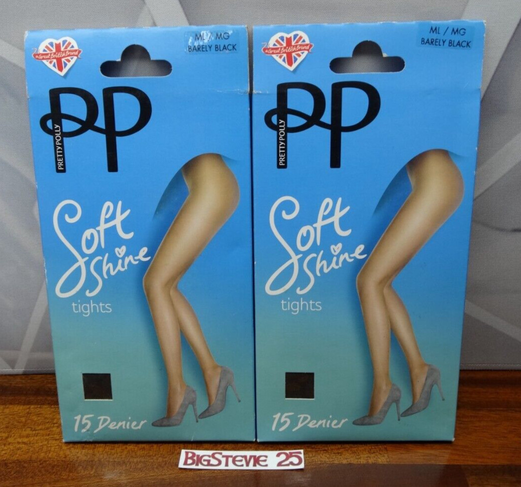 2 Pairs Pretty Polly Soft  Shine 15 Denier Tights M/L Barely Black FREE P&P