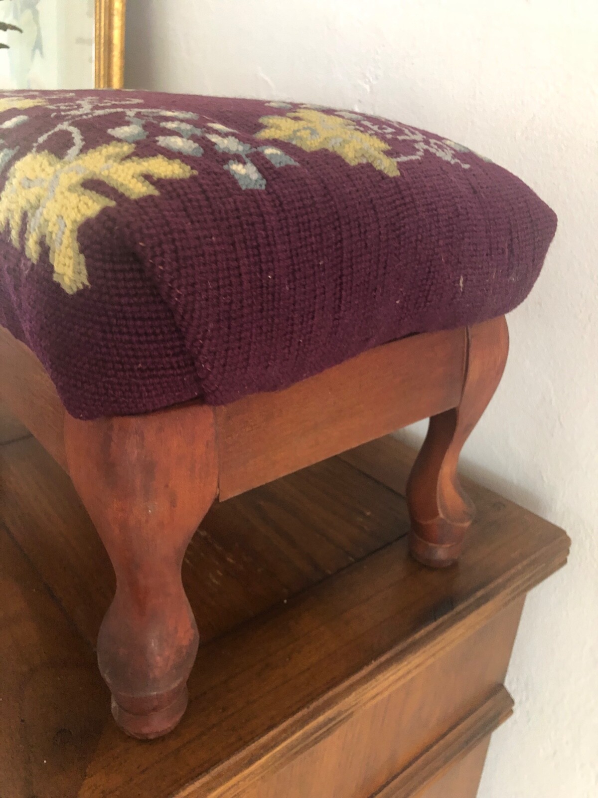Antique Foot Stool Needlepoint Grapes & Leaf on Plum Background Wool 10" Tall