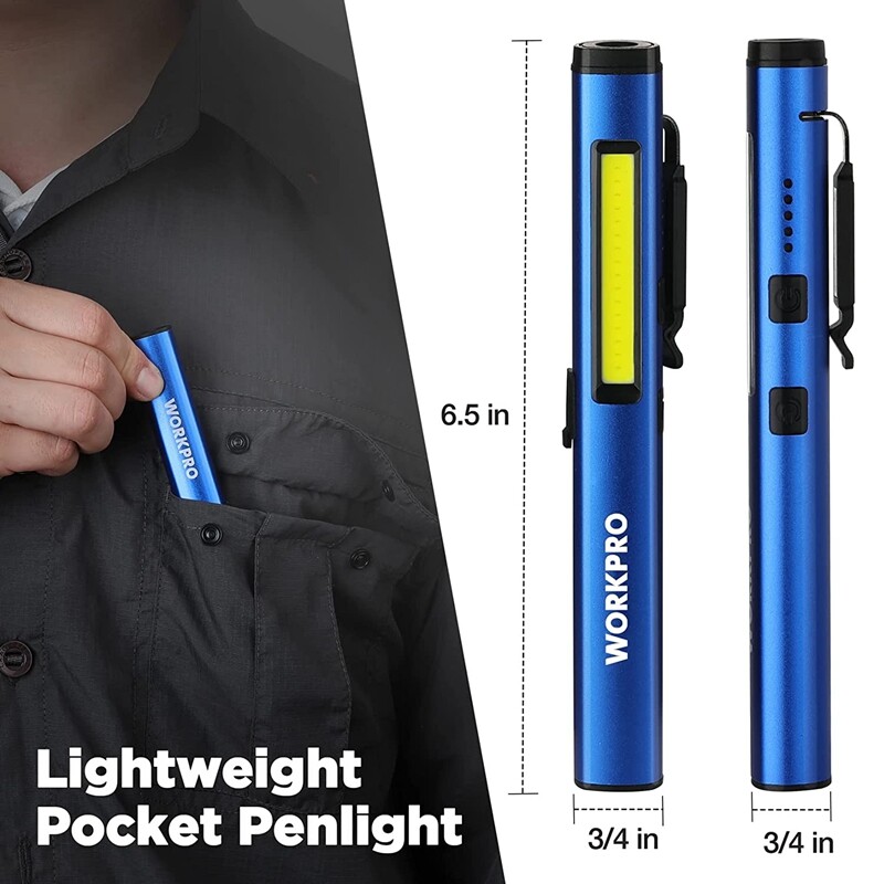 WORKPRO USB Rechargable Pocket Pen Light LED Flashlight UV Black Light 450 Lumen