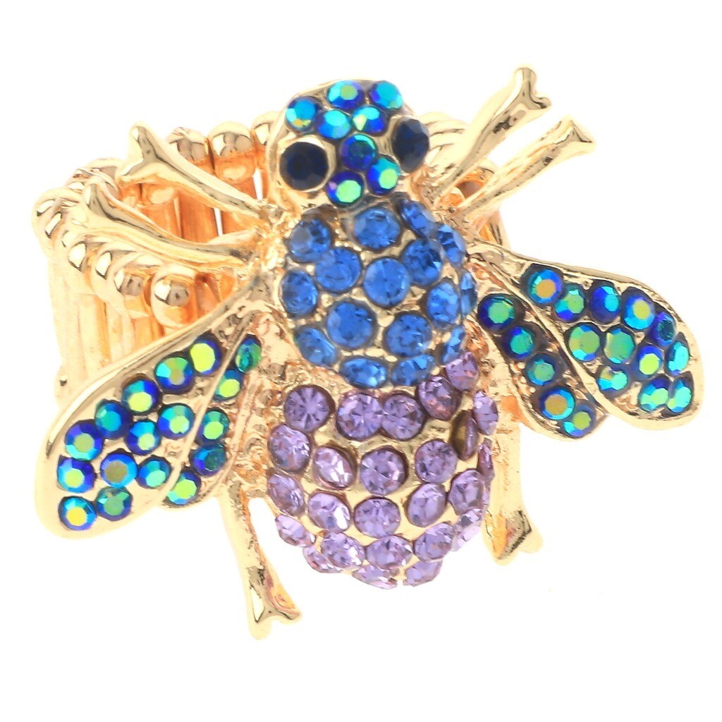 Gold Tone Stretch Metal Bee Ring With Rhinestone R1007-PPL