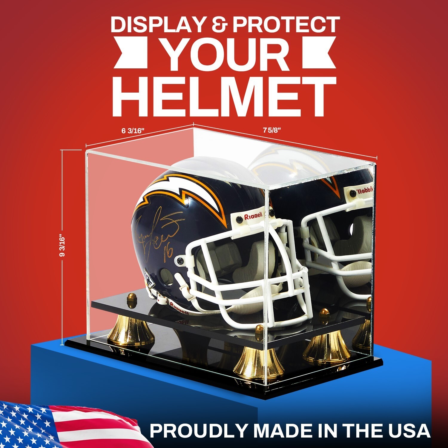 Mini Helmet Display Case Acrylic w/ Black Acrylic Base Gold Risers & Mirror Back