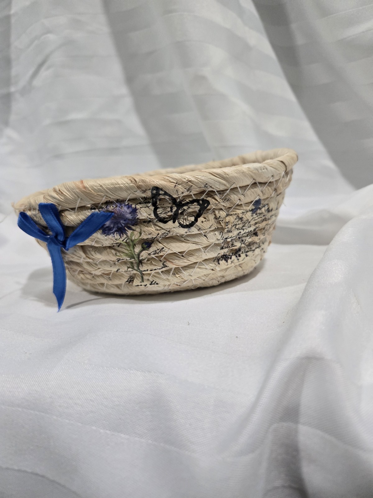 Woven Straw Basket with Floral and  Butterflies