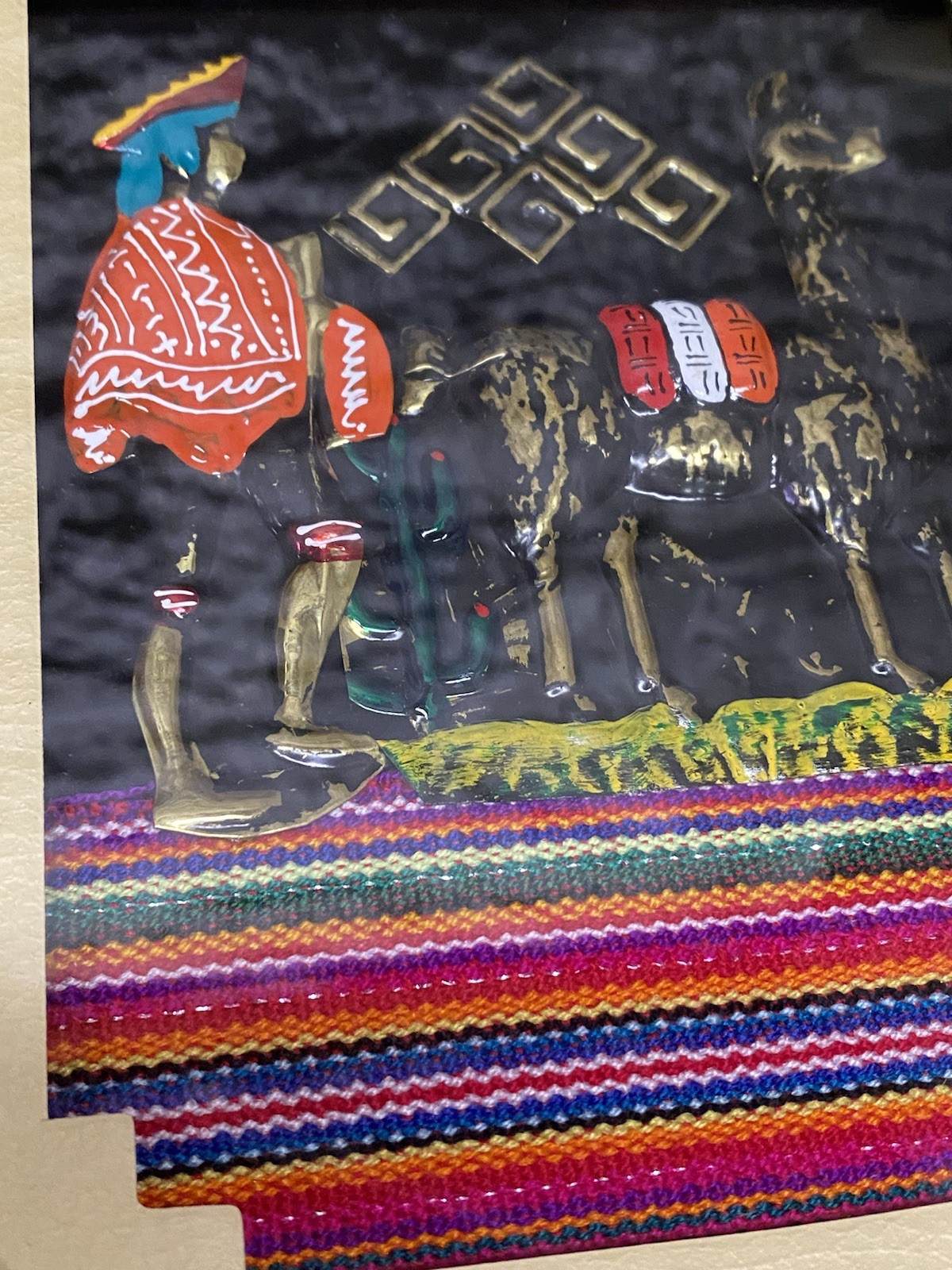 2 Peruvian Folk Art 3D Metal, Glass & Textile Llama Wall Art Plaques 10.5x8.5”
