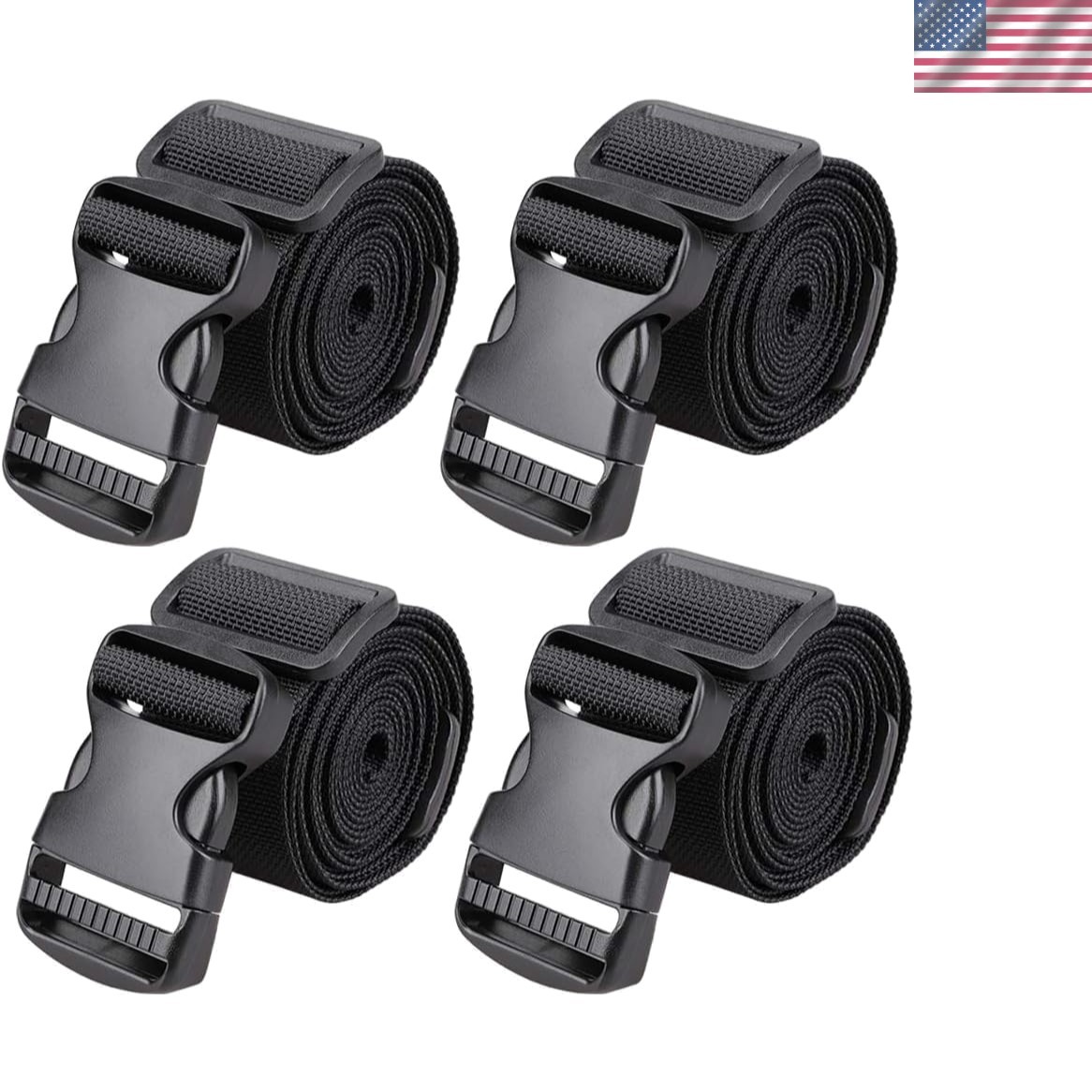 2" Utility Luggage Straps with Buckle Adjustable, 4-Pack Black, 2 in x 5.4 ft