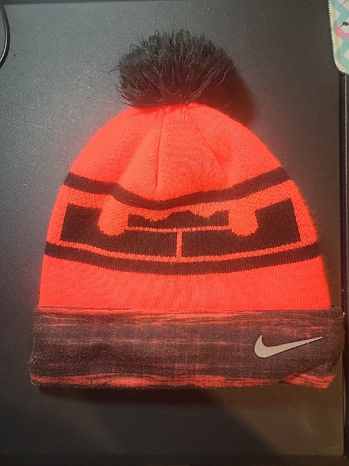 Nike Youth Lebron James Orange Black Pom Pom Beanie