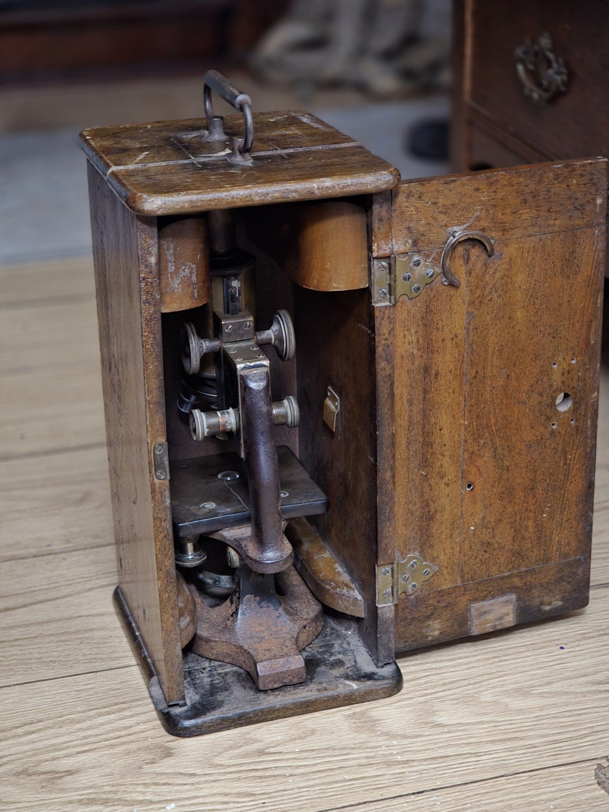 1900s Bausch & Lomb Brass Monocular Scientific Microscope & Wood Case