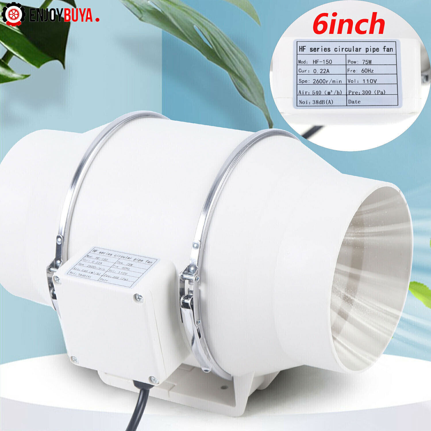 Quiet 6" Inline Duct Fan 75W 540m³/h Ventilation Exhaust Blower Fans for Ducting