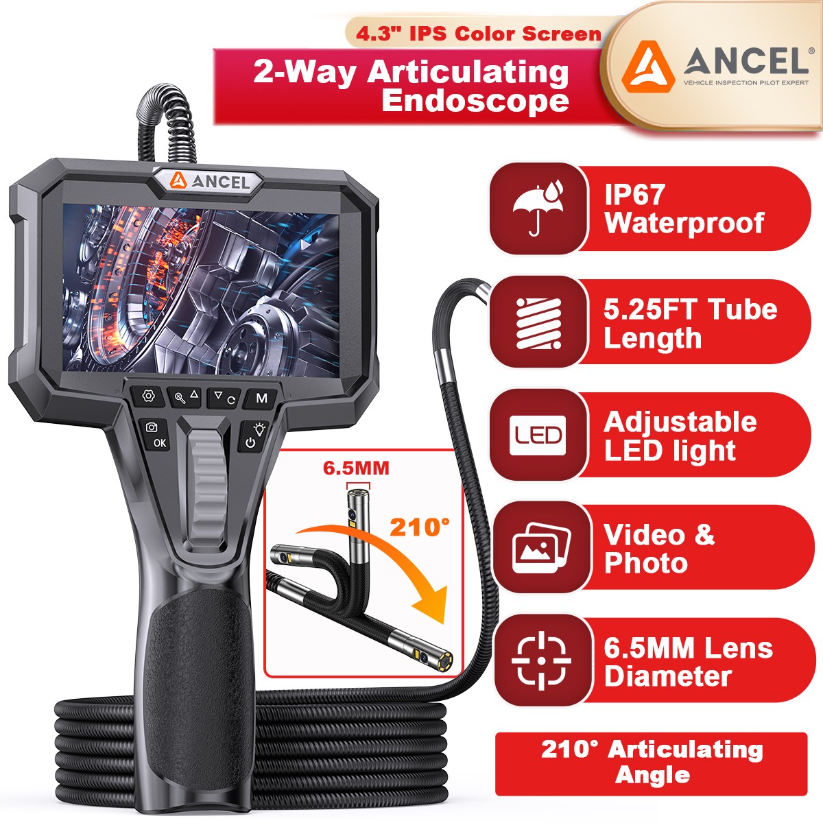 ANCEL AN302 Two-Way Articulating Borescope Dual Lens Endoscope Inspection Camera