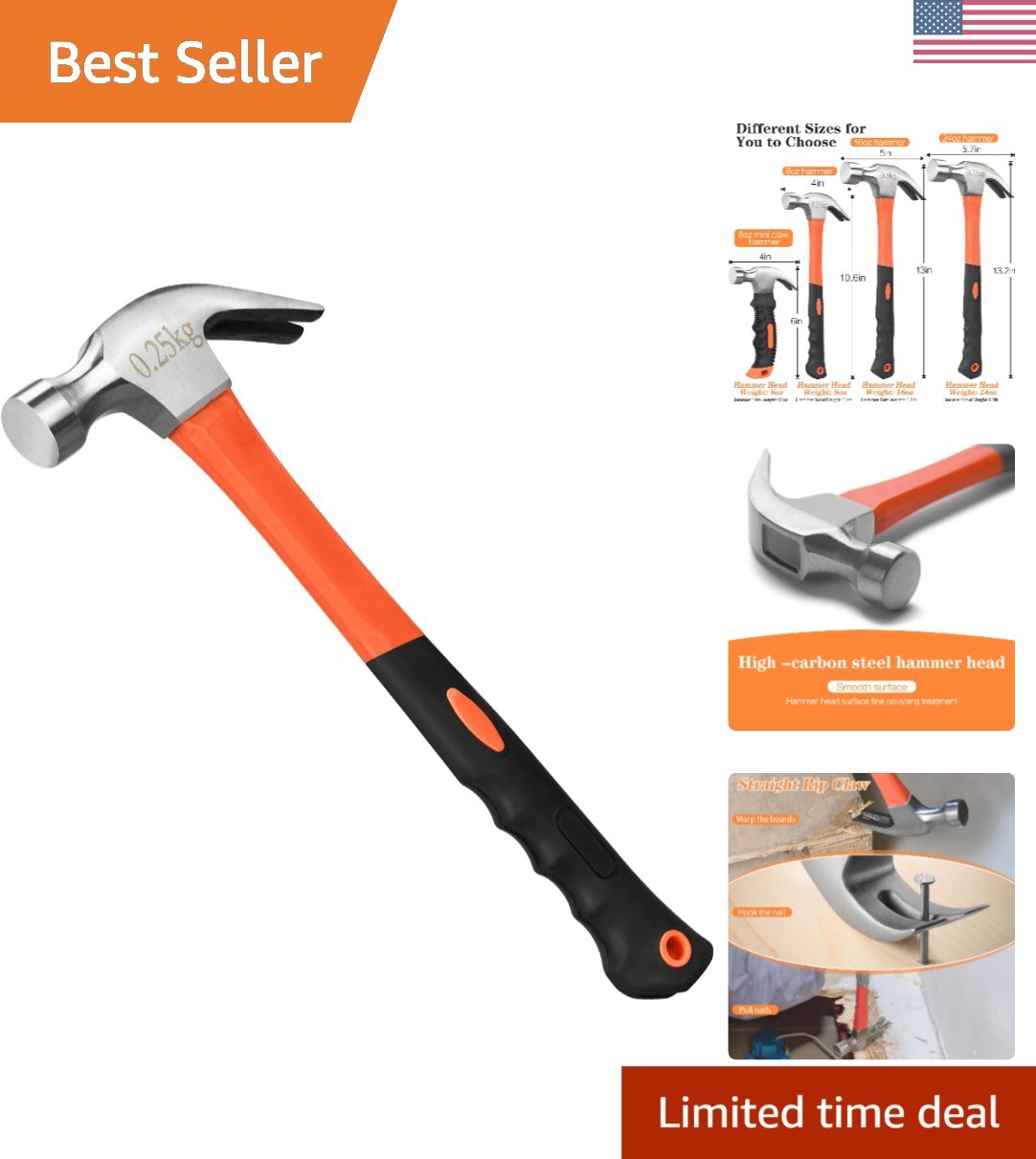 8oz High-Carbon Steel Claw Hammer with Non-Slip Grip & Smooth Face Finish