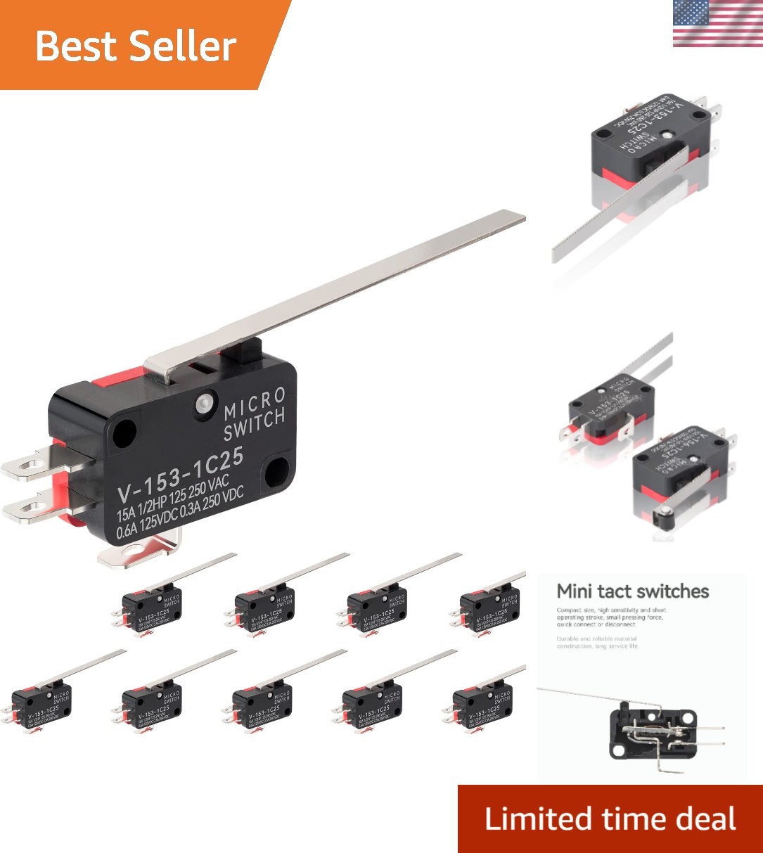 10Pcs Lead Limit Switch Long Straight Hinge Lever, SPDT 1NO 1NC Snap Action Micr