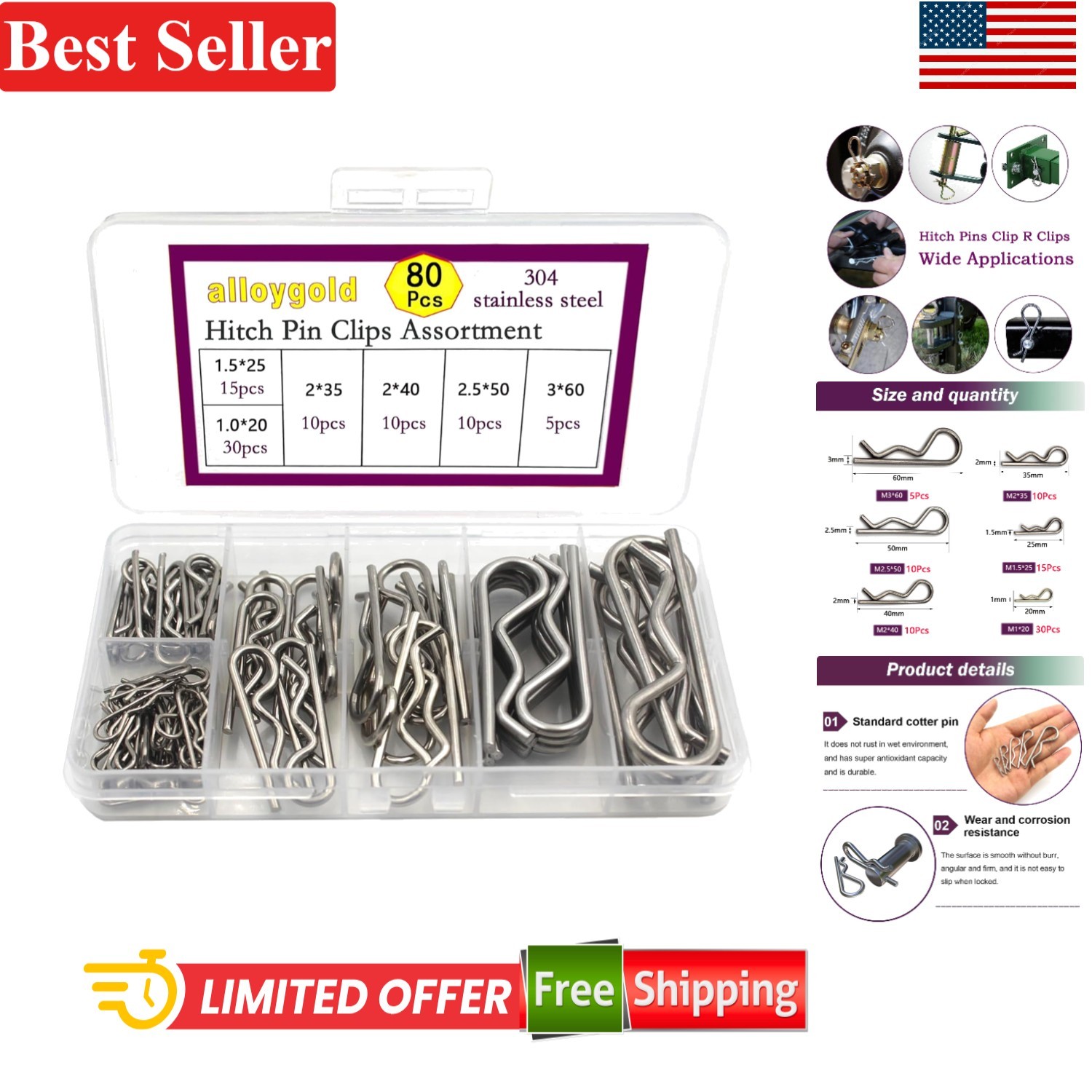 80 Pcs Hitch Pin Clip Kit for Trucks Tractor Equipment Stainless Steel 6 Sizes