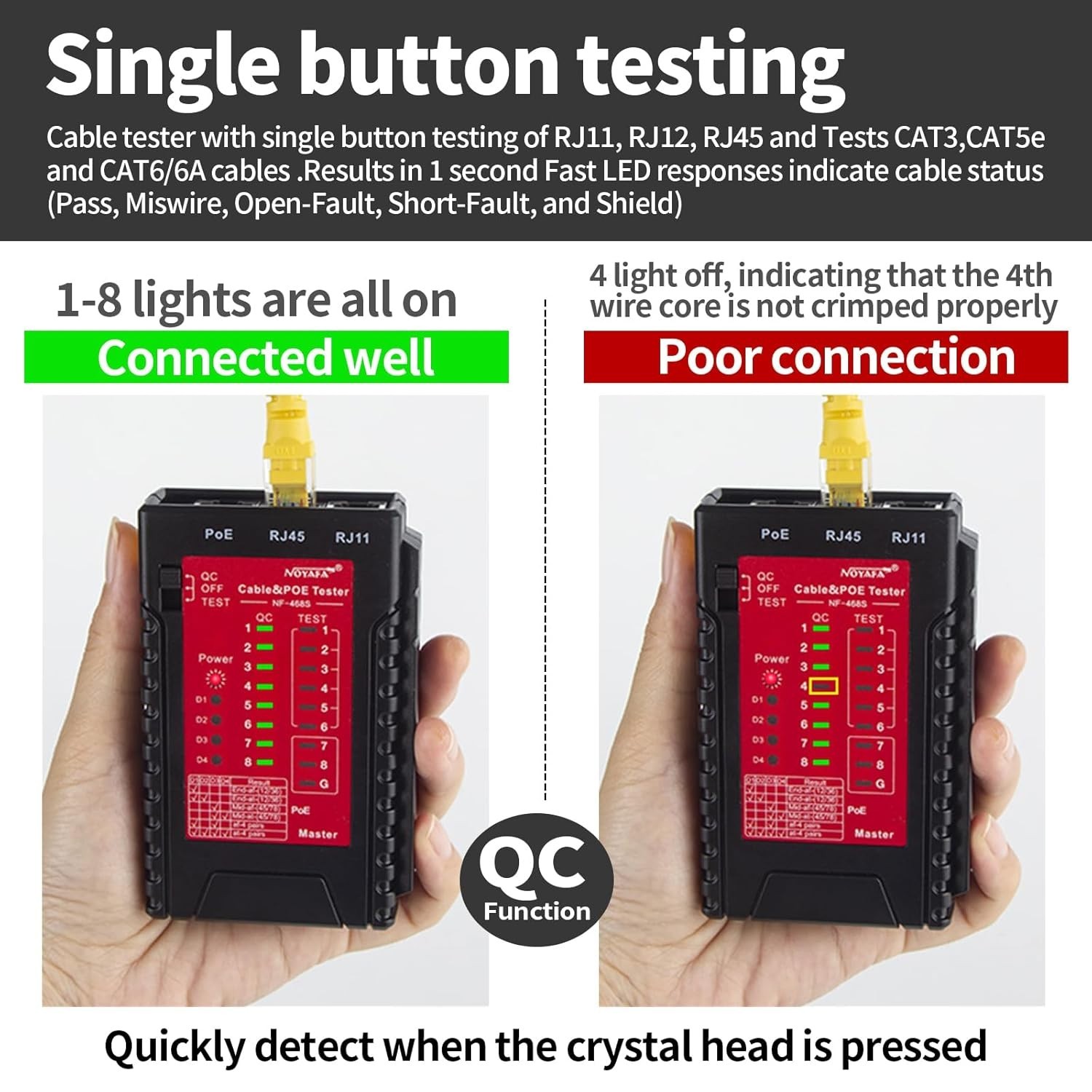 Professional Network Cable Tester for RJ45, RJ11 & PoE | Compact & LED Display