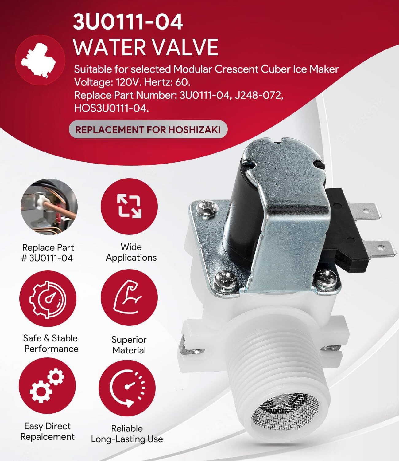 For Hoshizaki 3U0111-04 Water Valve, 120V, 60HZ, J248-072, HOS3U0111-04 B-500PF