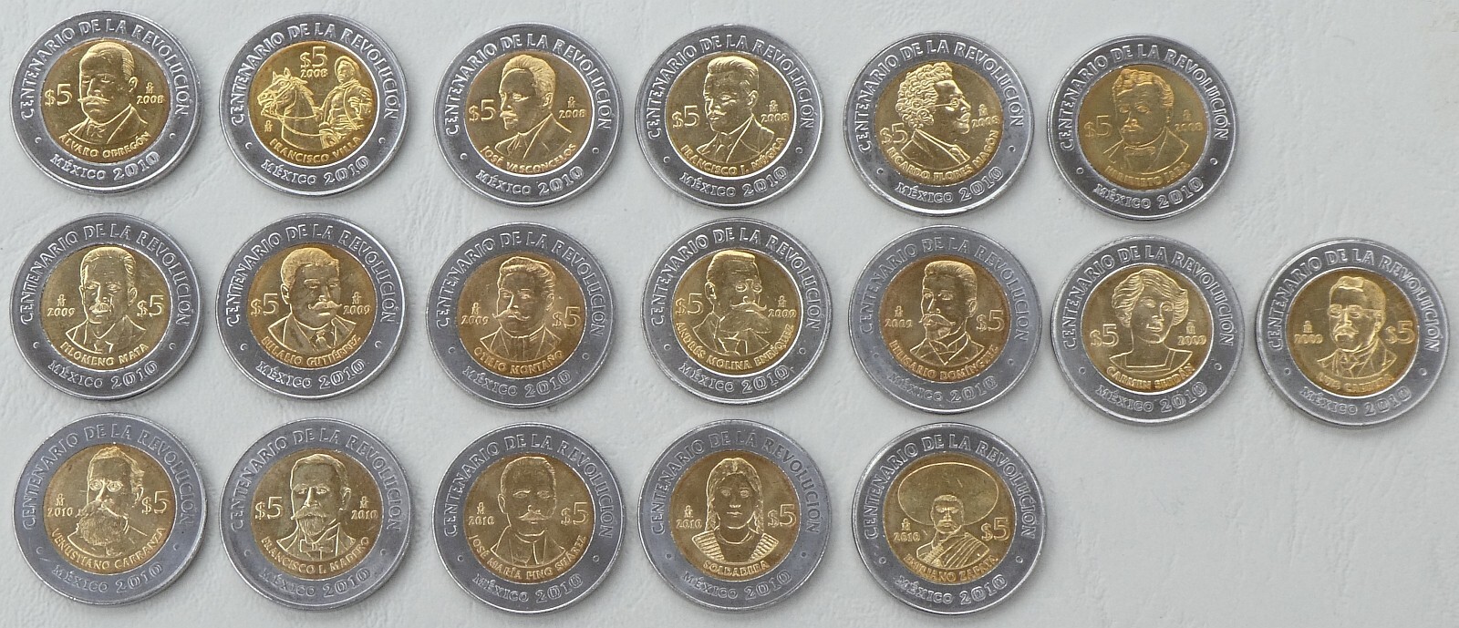 Mexico 18x 5 Pesos Commemorative Coins 2008-2010 Revolution Uncirculated