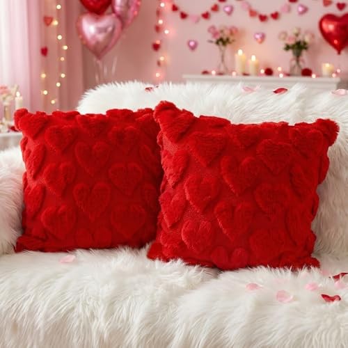 Set of 2 Pillow Covers 18x18 with Embroidered Hearts 18" x 18" (Pack of 2) Red