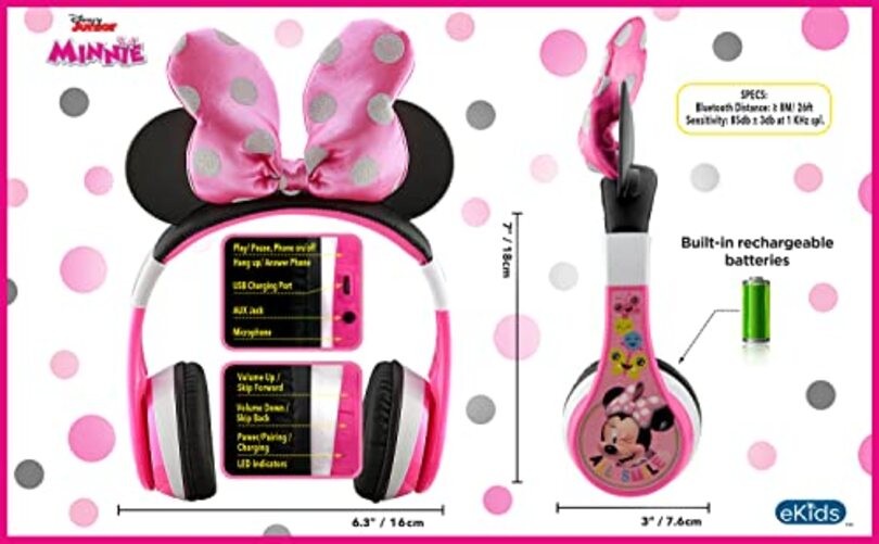 Minnie Mouse Kids Bluetooth Headphones, Wireless with Microphone Includes Aux