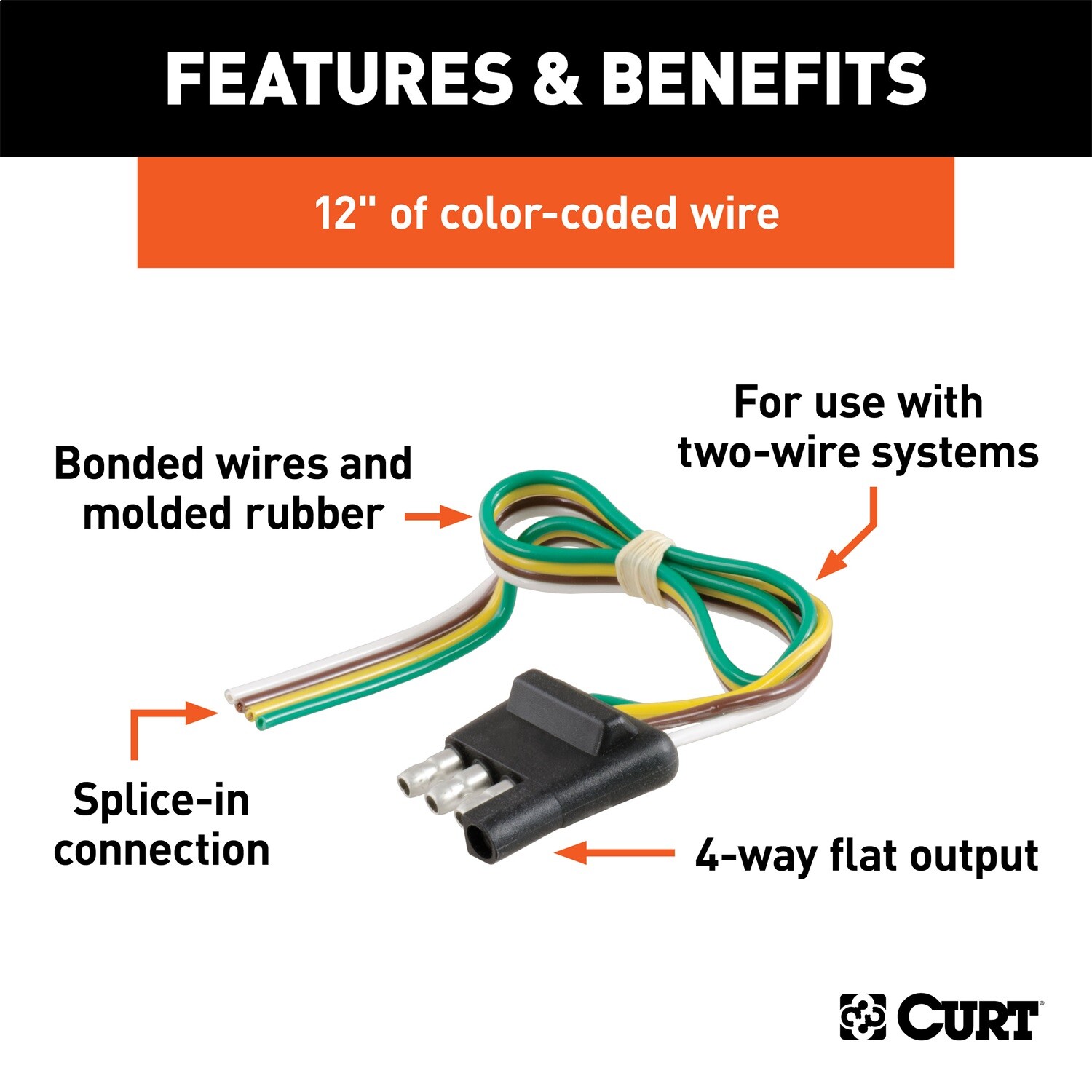 CURT 58030 4-Way Flat Connector Plug with 12" Wires (Trailer Side)