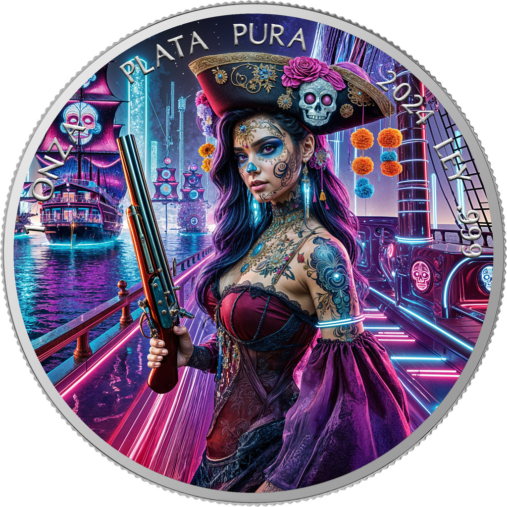 2024 1 oz Silver Mexico Libertad - Dia De Los Muertos Pirate - Mintage 200