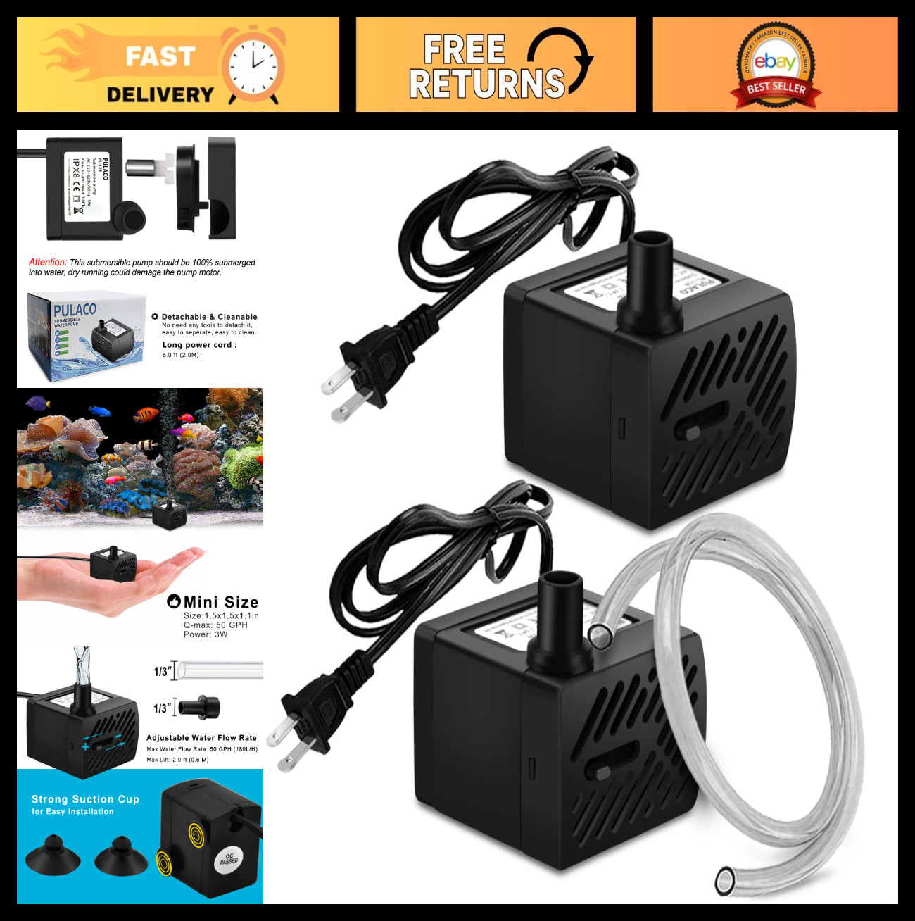 2Pcs Ultra Quiet Mini Fountain Pump 50GPH 3W for Aquariums, Fish Tanks, Fountain