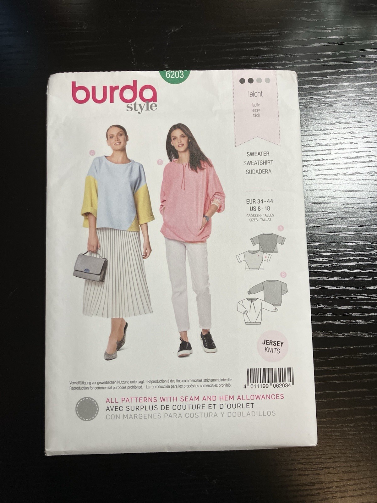 Burda Pattern 6203 Misses’ Sweatshirt Sizes 8-18 UNCUT FREE SHIPPING