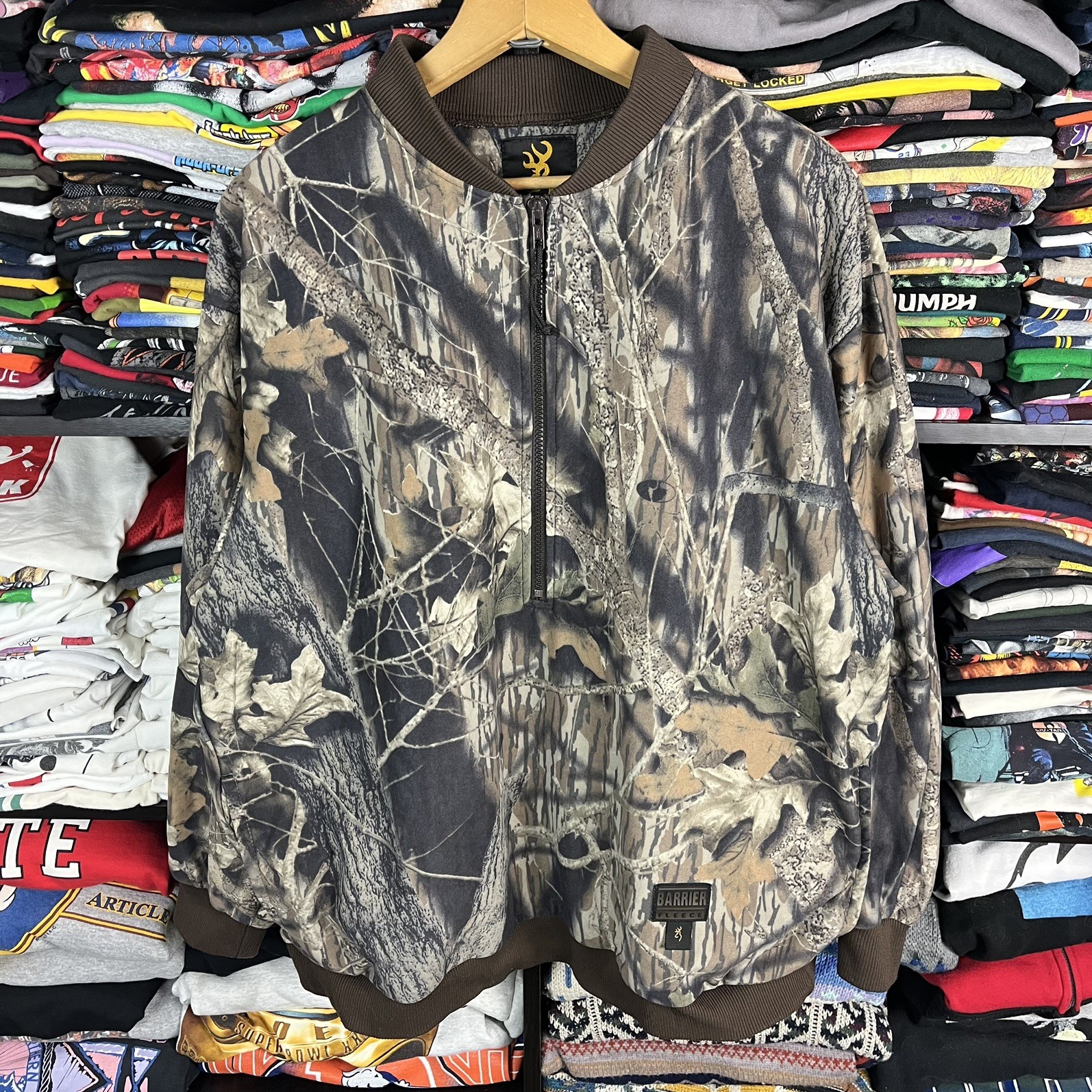 Vintage Browning Barrier Fleece 1/2 Zip Camo Pullover Medium Mossy Oak Breakup