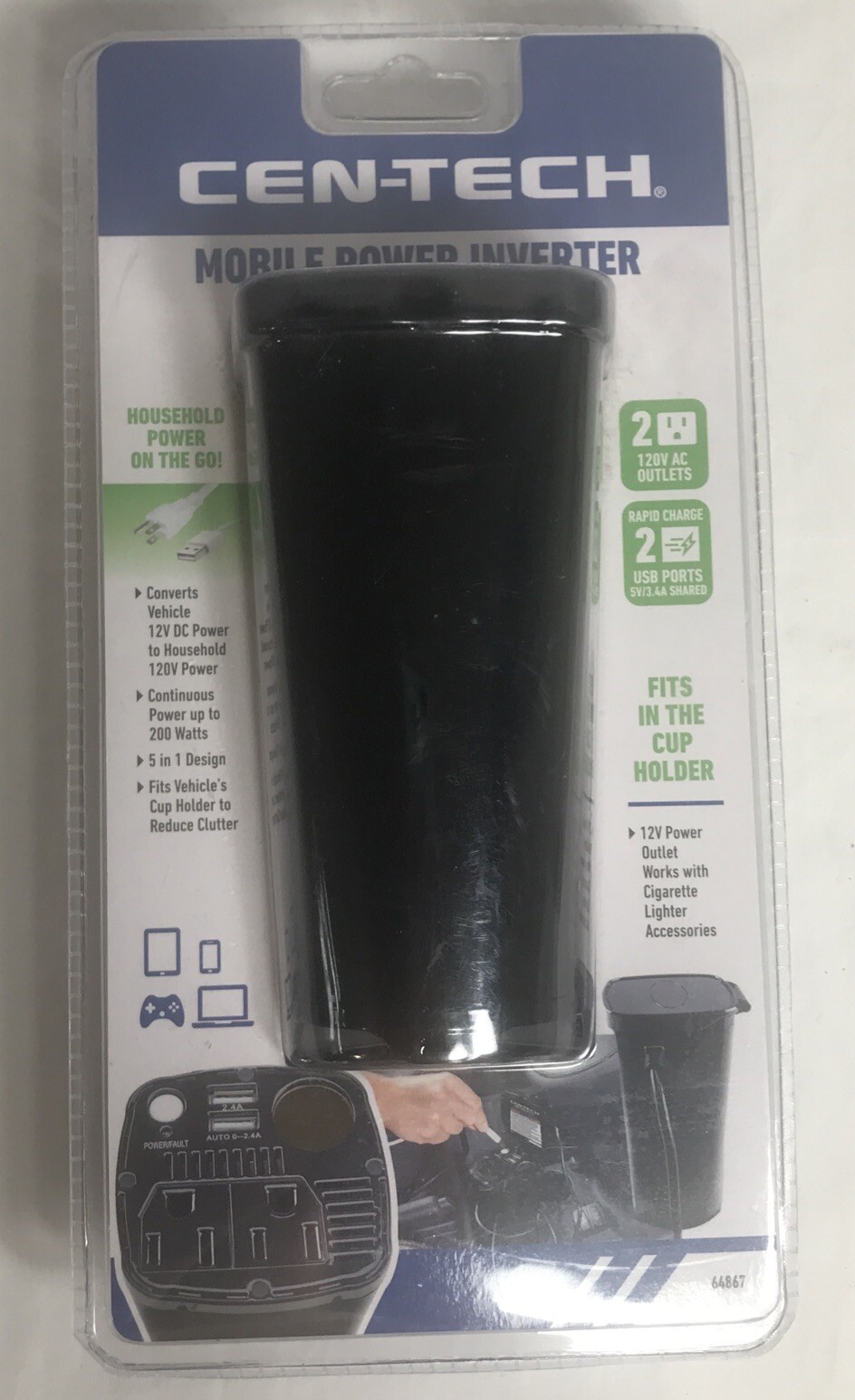 Mobile Power Inverter CEN-TECH 200W Fits Cup Holder Household Power On The Go