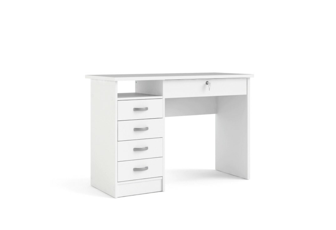 43 in. Rectangular White 5 Drawer Writing Desk with Locking Feature