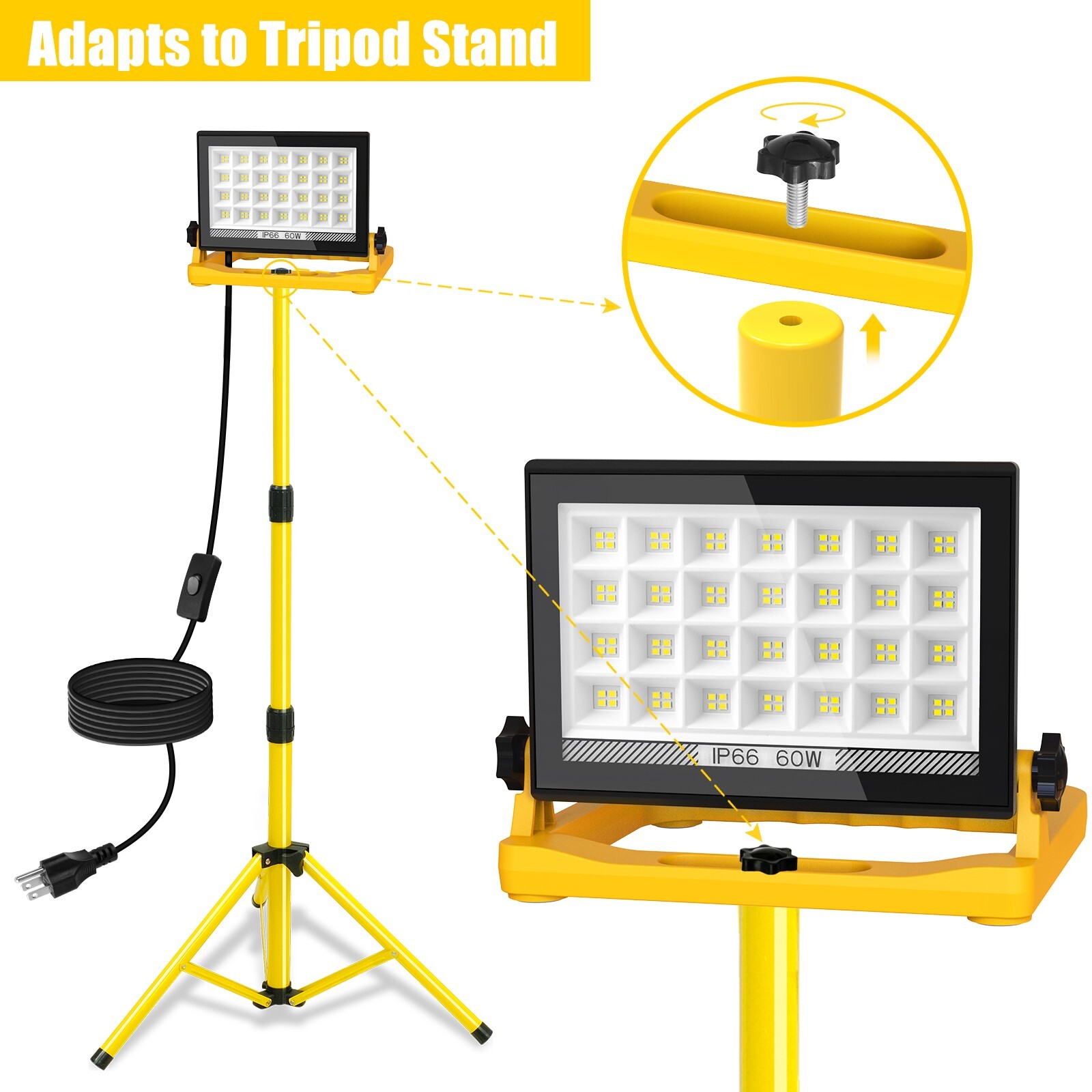 60W LED Work Light Floodlight Stand Portable Emergency Light Garage 3Modes IP66