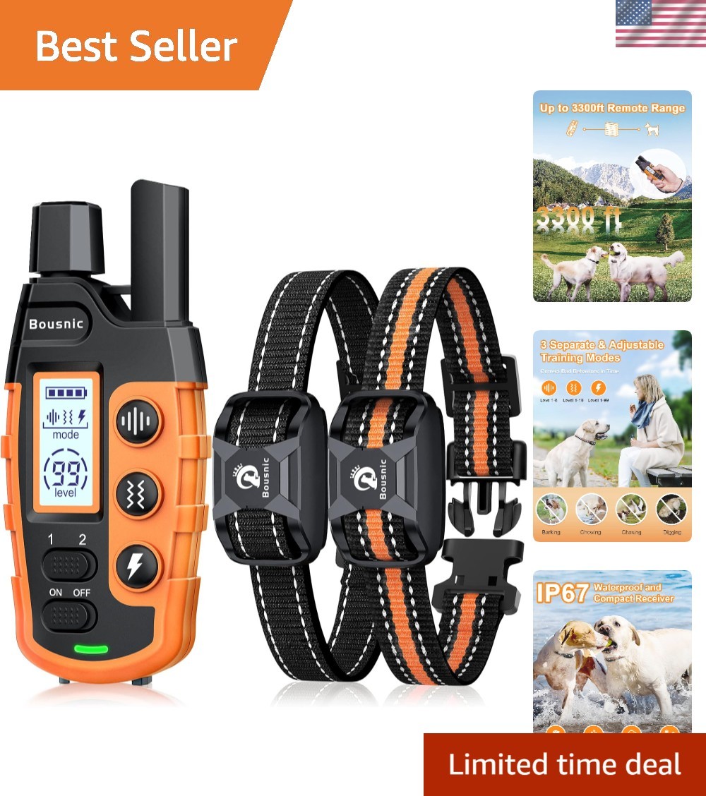 3300 ft Waterproof Dog Shock Collar for 2 Dogs - Beep, Vibration, Shock Modes