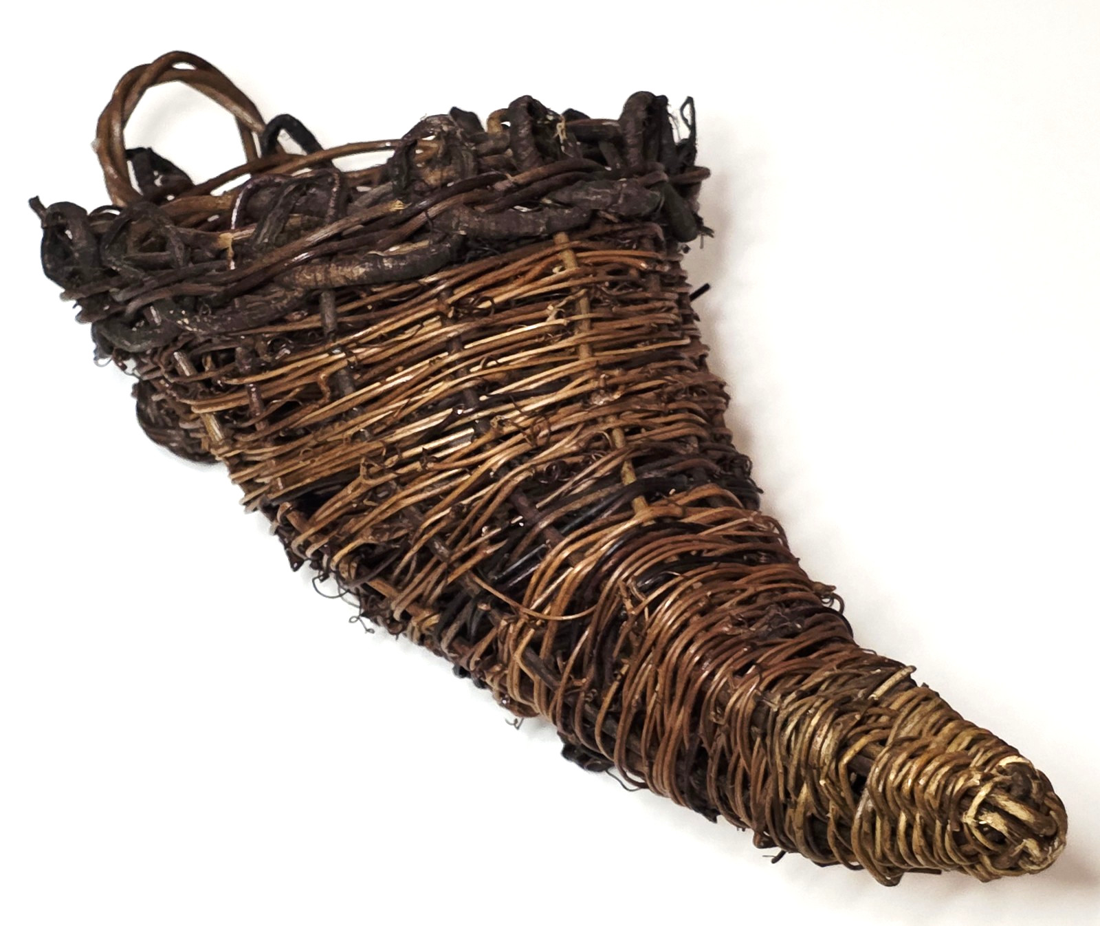 Cornucopia Woven Wicker Footed 2 Toned Rustic Basket Horn of Plenty 15” x6" Vtg
