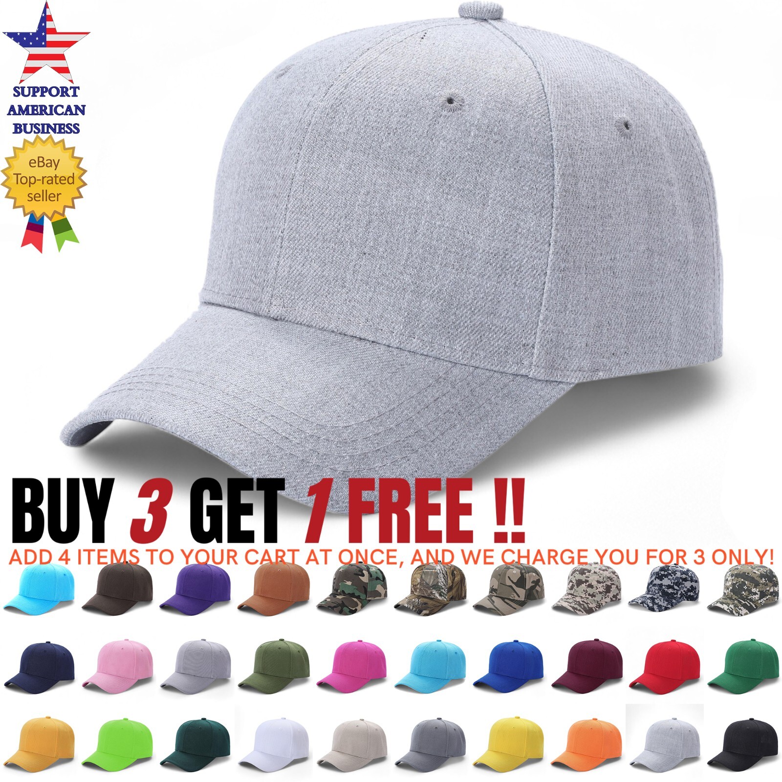 Baseball Cap Adjustable Plain Blank Solid Ball Hat Men Women Visor Caps Lot