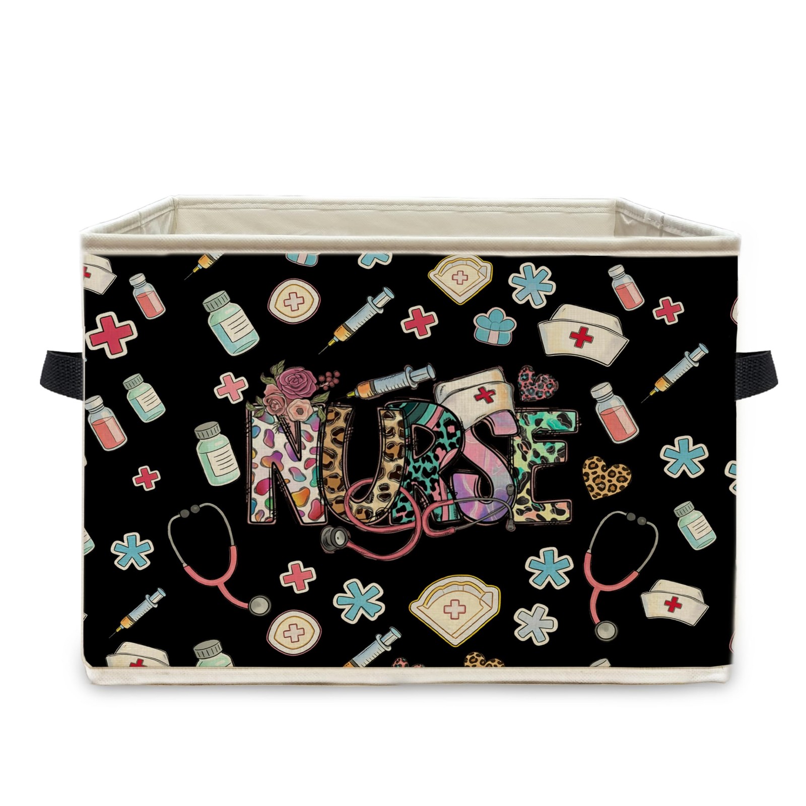 Black Leopard Nurse Foldable Storage Bins with Handles, Nurse Appreciation Gi...