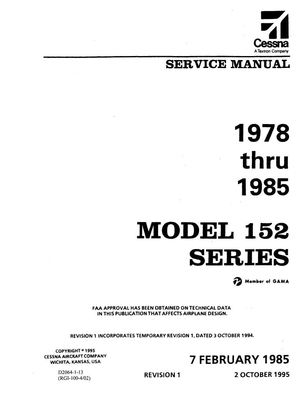1978-1985 Cessna 152 series SERVICE MANUAL