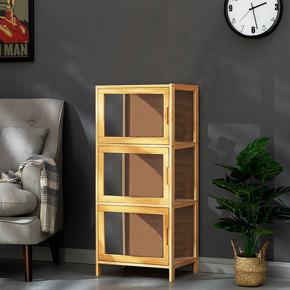 3 Tier Bamboo Display Cabinet Toy Model Storage Shelves Rack with Clear Door USA