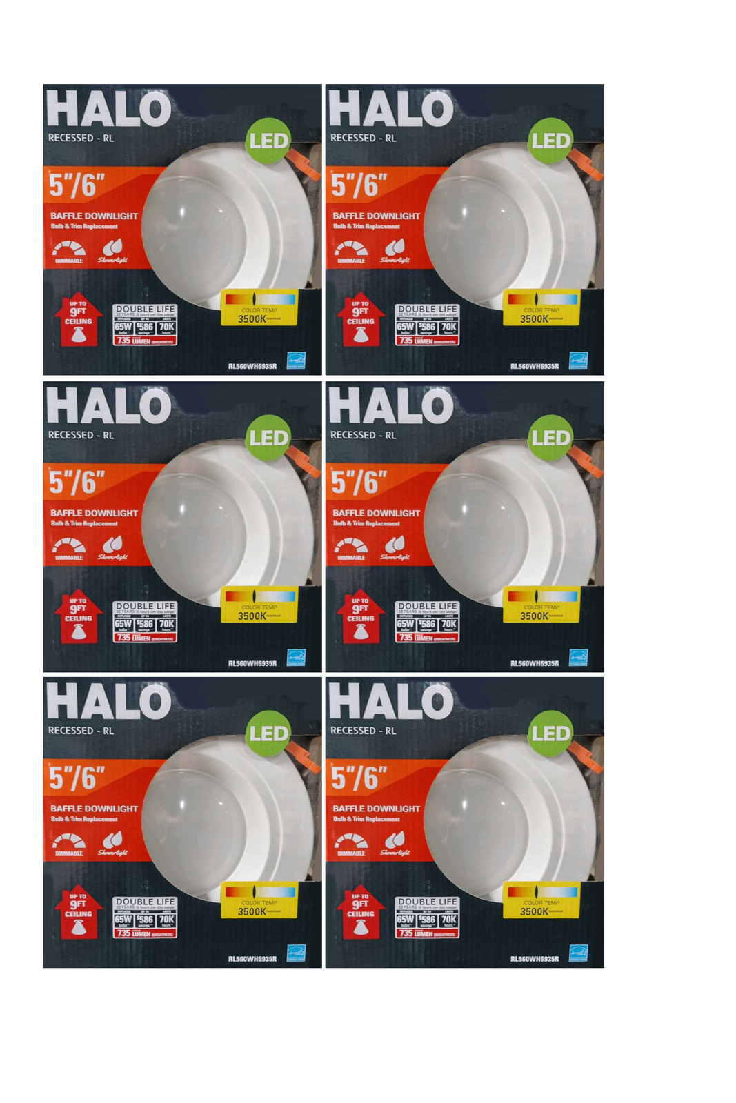 (6 pack) HALO Recessed RL560WH6935R 5" or 6" Integrated LED bulb with Recessed