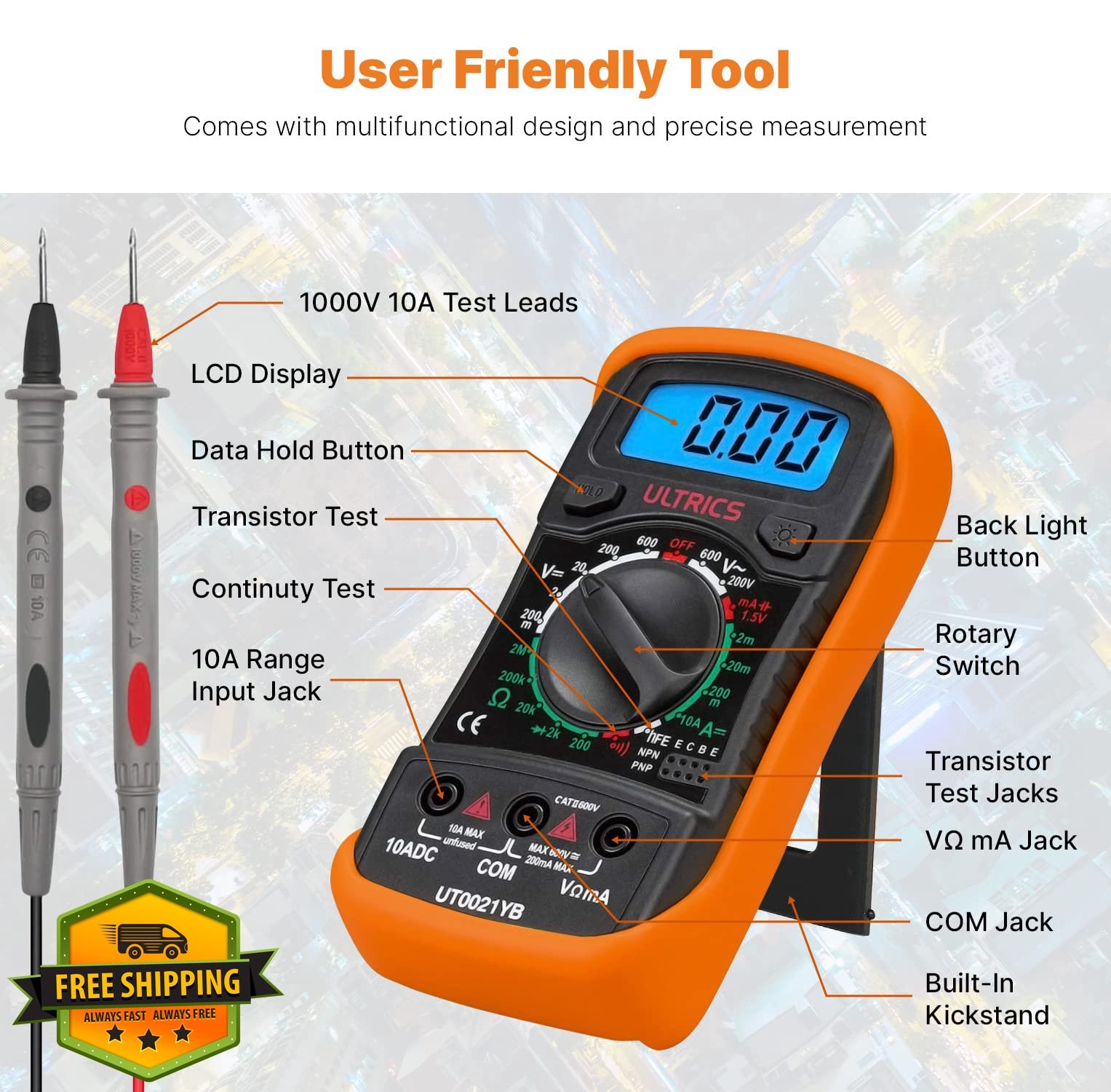 ULTRICS Digital Multimeter Voltmeter Ammeter Ohmmeter Backlight LCD Tester