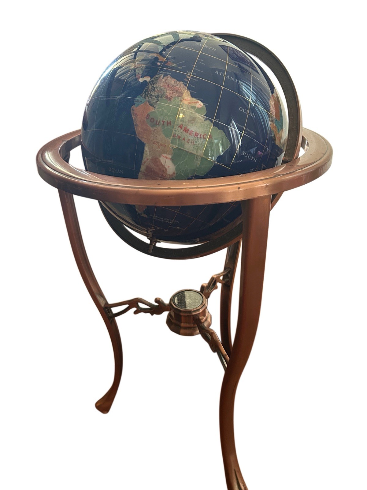 36" Tall Blue Lapis Gemstone World Globe with Tripod Copper Floor Stand w 50ST