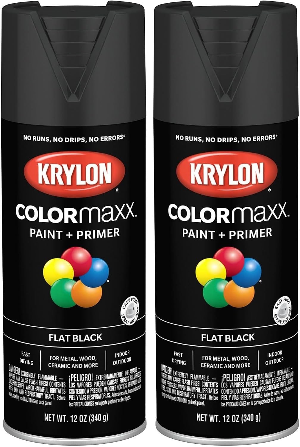 Flat Black COLORmaxx Spray Paint and Primer, 12oz Cans - Quick Drying & Durable