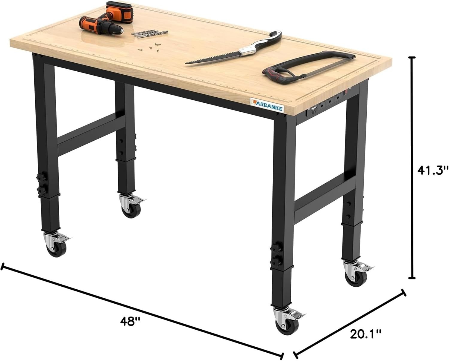 Versatile 48" Rubber Wood Workbench with Adjustable Height & Mobility Wheels