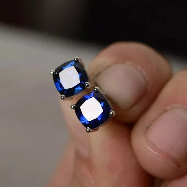 2Ct Cushion Cut Lab Created Sapphire Women's Stud Earrings 14K White Gold Plated
