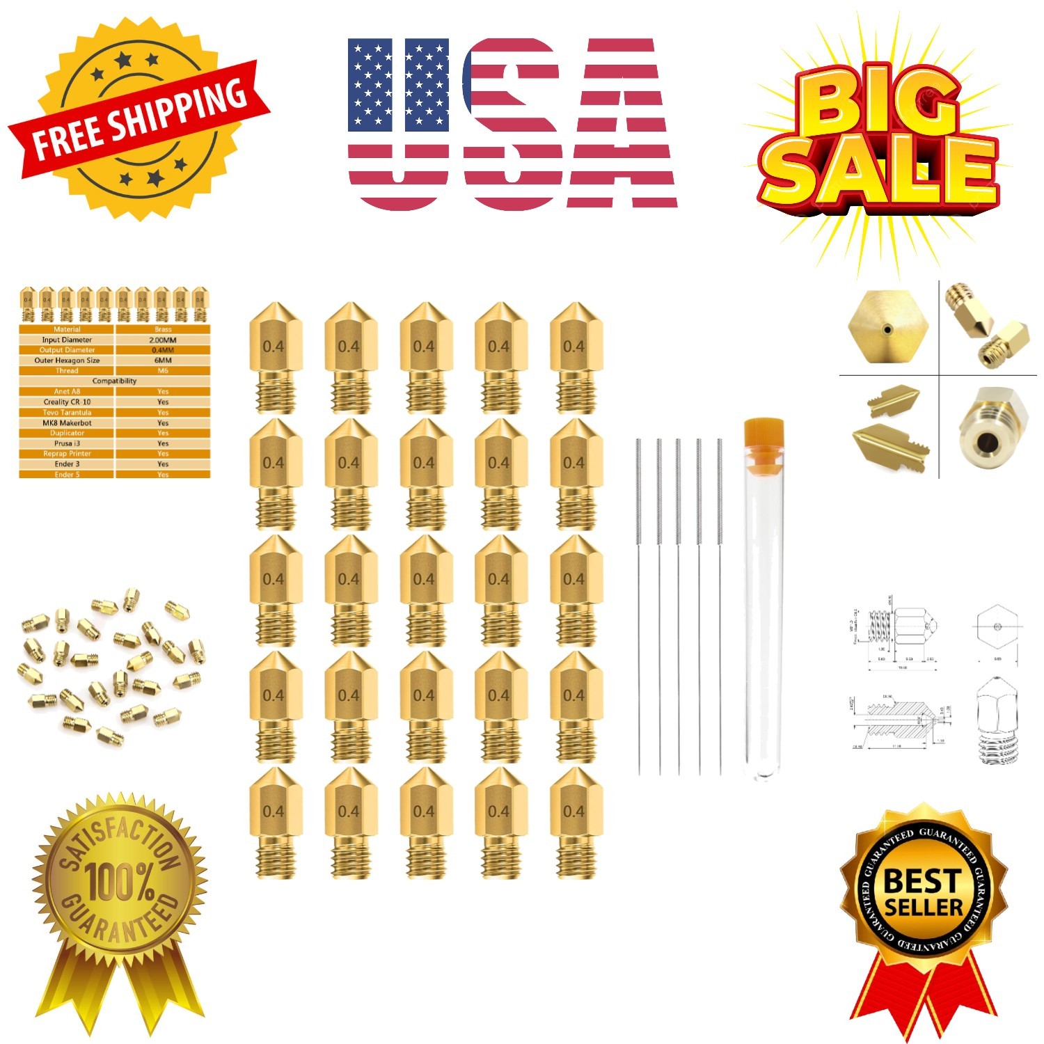 0.4MM MK8 Ender 3 Nozzles 25 pcs 3D Printer Brass Nozzles Extruder for Makerb...