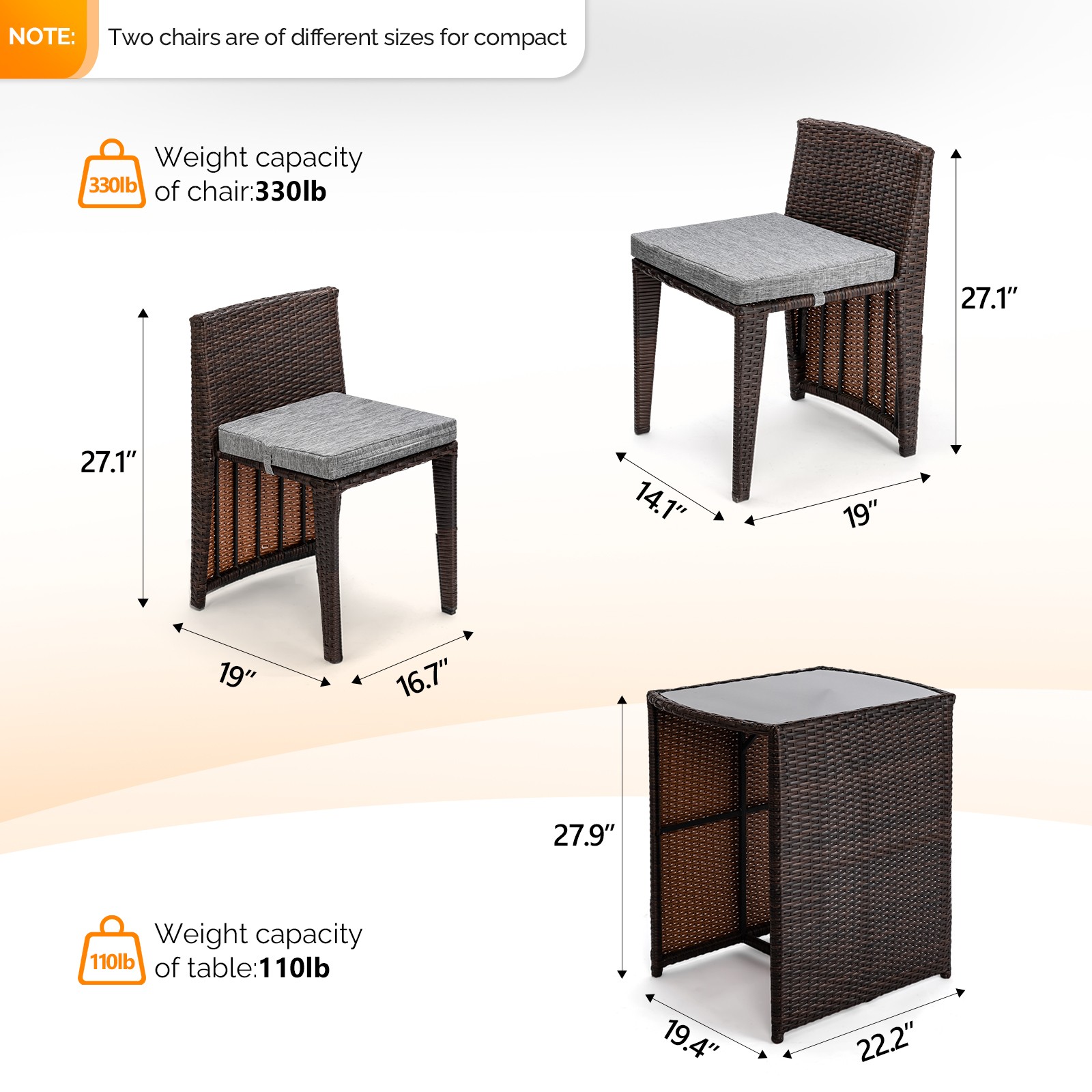3PCS Rattan Wicker Bistro Set with Glass Top Table