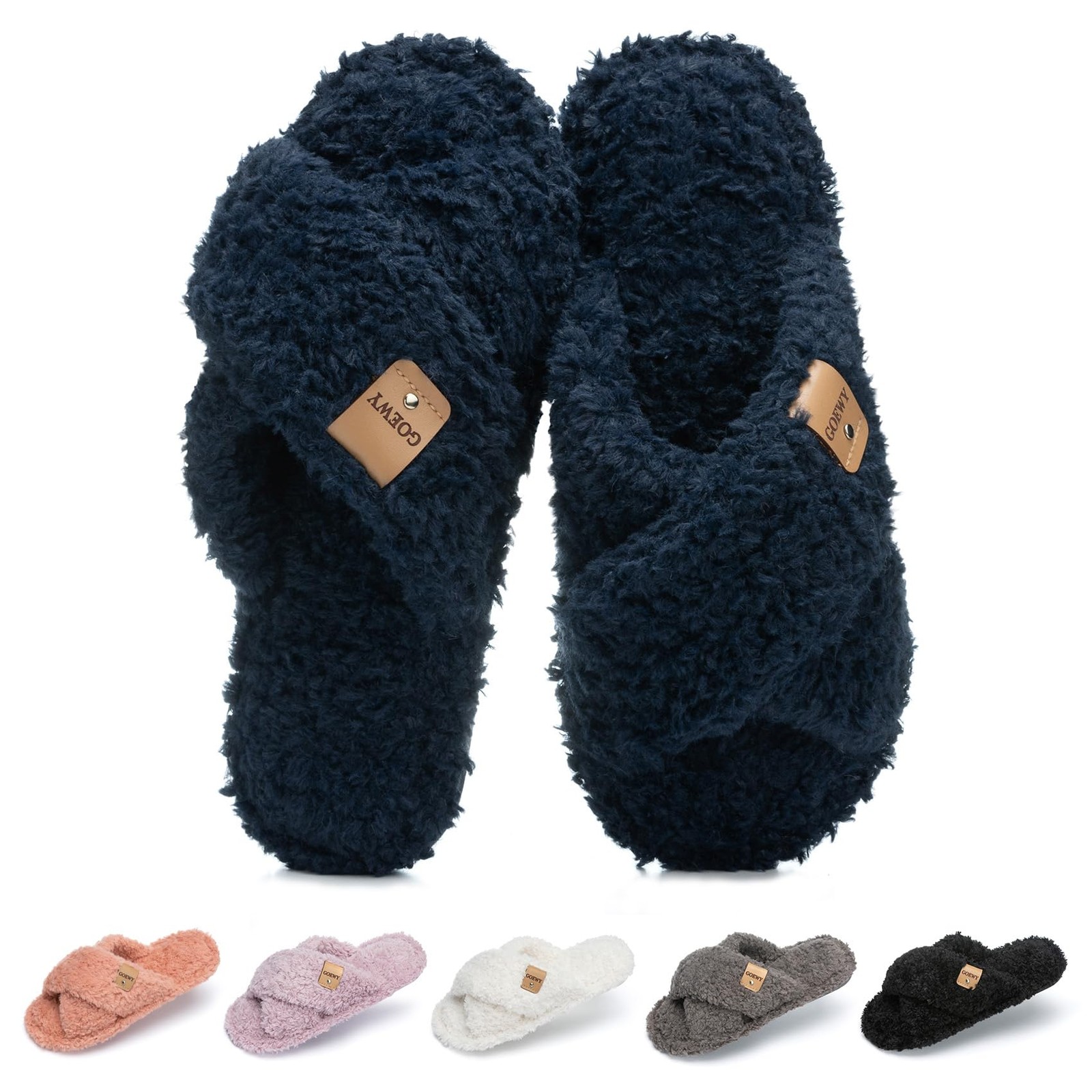 GOEWY Fuzzy Open Toe Slippers for Women Indoor and Outdoor with Memory Foam C...