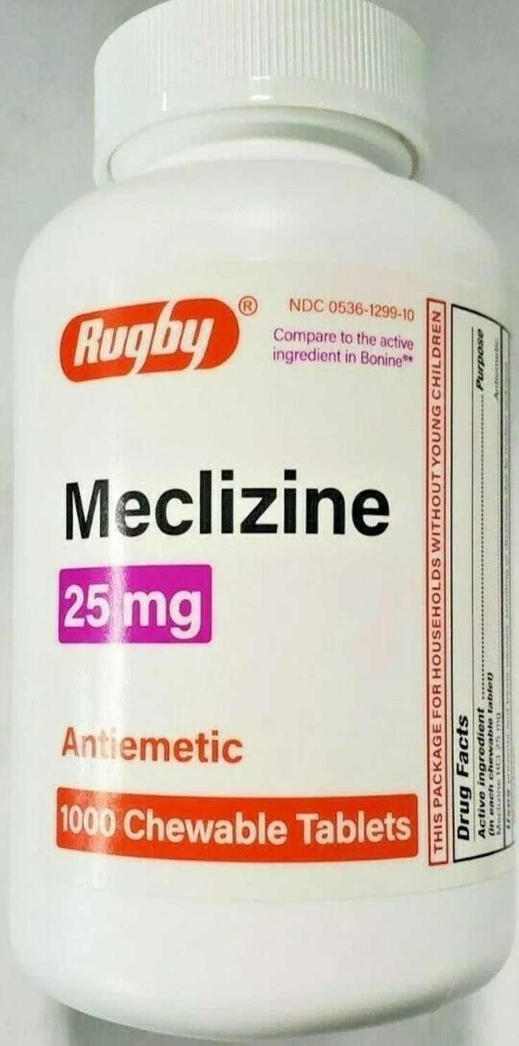 Rugby Meclizine 25mg Travel Sickness Tablets 1000ct -Exp: 11/2027